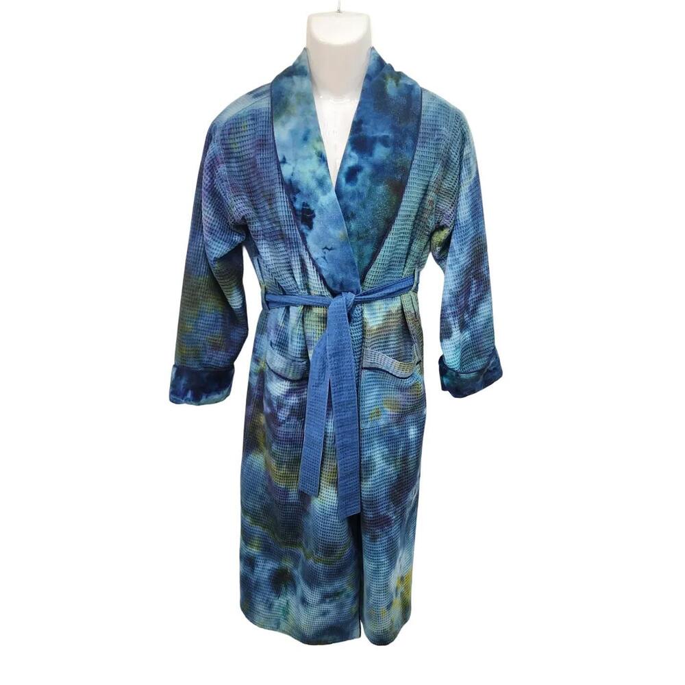 Upcycled, Unisex Tie-Dye, Long Waffle Robe. Blue & Green.  Size: Medium